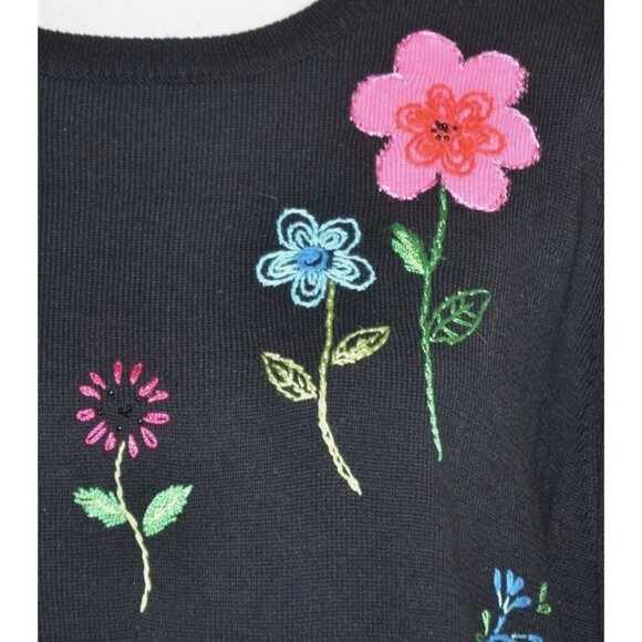 Alfred Dunner XL Black Pullover Crewneck Sweater Embroidered Flowers Long Sleeve - Picture 3 of 9